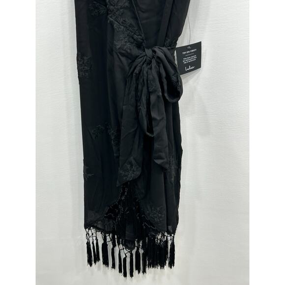 NWT Lulus Womens Fun Affair Wrap Dress Fringe Trim Embroidered Boho Black Size S - Picture 13 of 14